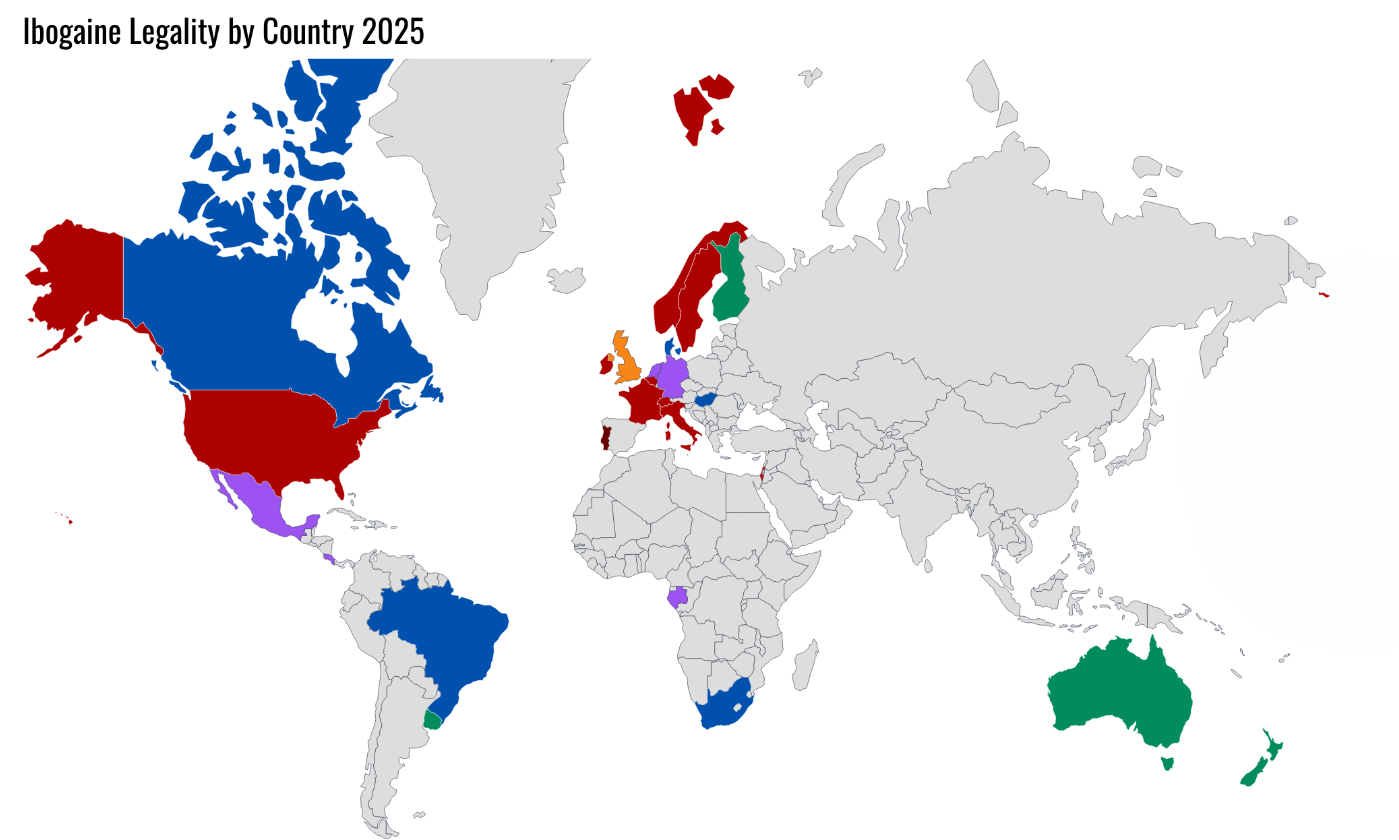World map titled “Ibogaine Legality by Country 2025.” Countries are color-coded to show ibogaine’s legal status: banned in the U.S., U.K., Germany, and Scandinavia (red); permitted or prescription-based in Canada, Brazil, South Africa, Australia, New Zealand, and Finland (blue/green); decriminalized or tolerated in Portugal, Netherlands, and Mexico (orange/purple).