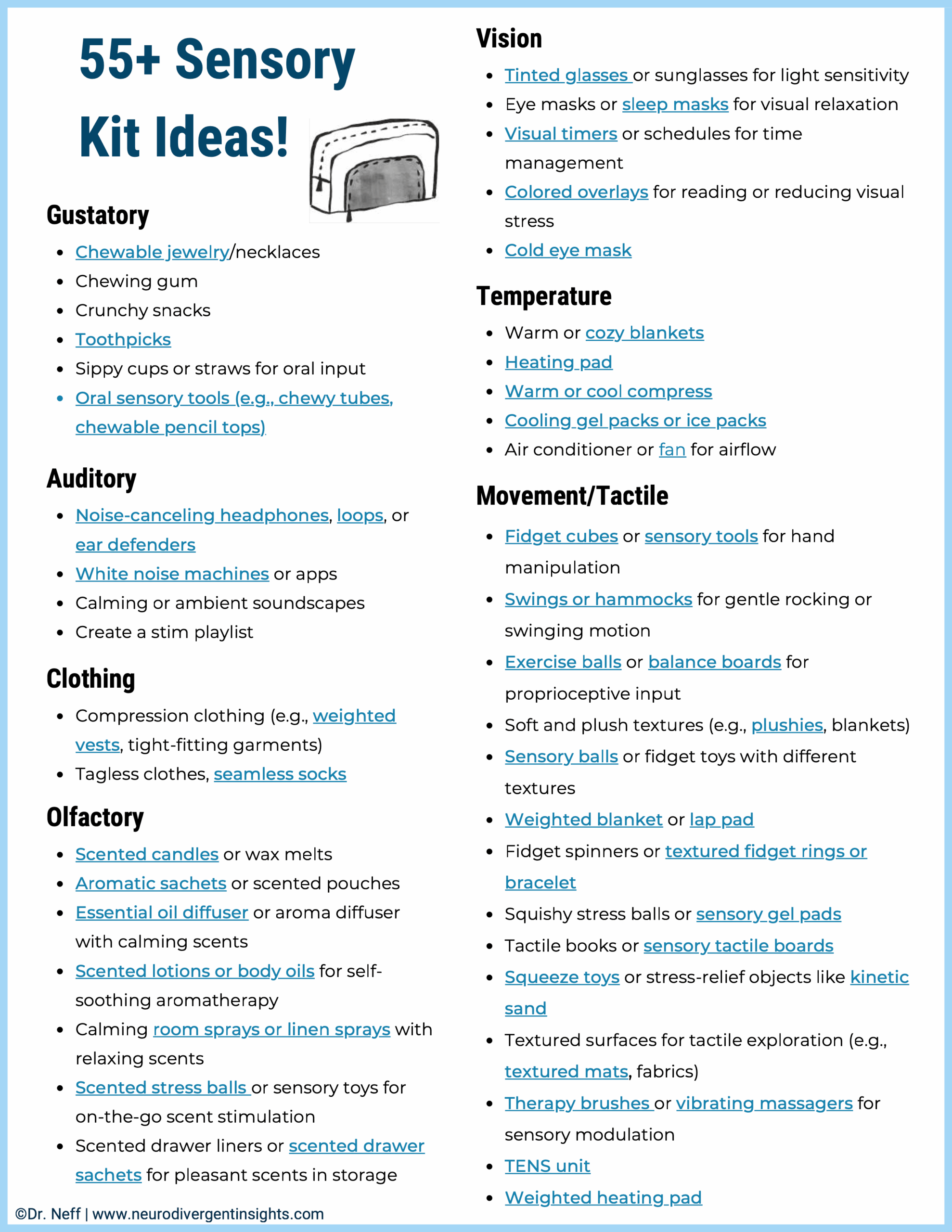  Infographic titled “55+ Sensory Self-Care Kit Ideas” listing examples of sensory items for different categories. Sections include gustatory (chewing gum, chewy jewelry), auditory (noise-canceling headphones, white noise apps), clothing (compression vests, seamless socks), olfactory (scented candles, essential oils), vision (tinted glasses, eye masks), temperature (blankets, heating pads, cooling packs), and movement/tactile (fidget cubes, swings, weighted blankets, stress balls, therapy brushes). The infographic is created by Dr. Neff from Neurodivergent Insights.